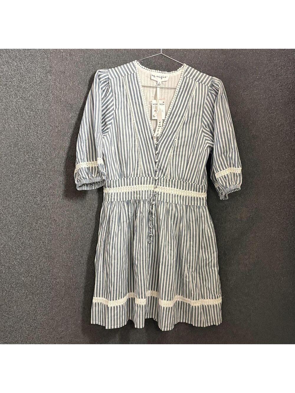 Maisie Gray and White Striped Puff Sleeve Mini Dress Size S